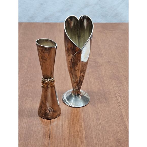 2 Silver Bud Vase Heart Shaped International Silver Company Gold Bow Davco - Picture 3 of 6